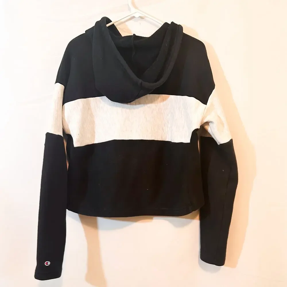 3 FOR $35! 📦 CHAMPION Striped Crop Black White Hoodie Sweatshirt Sz. S - Picture 3 of 3